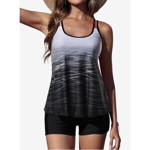 Younique Tankini Swimsuit Top Boy shorts Gradient with Black Bottoms SZ L NWT